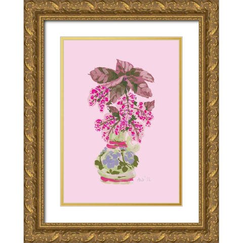 Blooming Vase In Pink Gold Ornate Wood Framed Art Print with Double Matting by Zwara, Ania