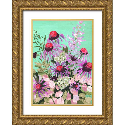Echinacea Red And Pink Gold Ornate Wood Framed Art Print with Double Matting by Zwara, Ania