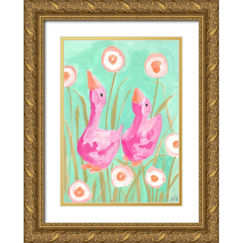 Pink Gees In The Garden Gold Ornate Wood Framed Art Print with Double Matting by Zwara, Ania