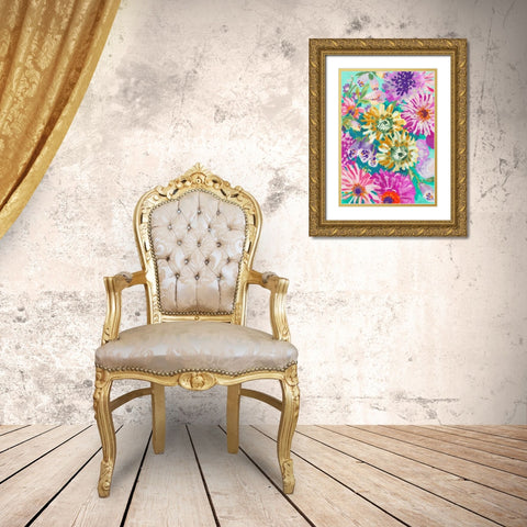 Pink Asters Gold Ornate Wood Framed Art Print with Double Matting by Zwara, Ania