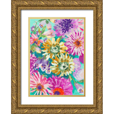 Pink Asters Gold Ornate Wood Framed Art Print with Double Matting by Zwara, Ania