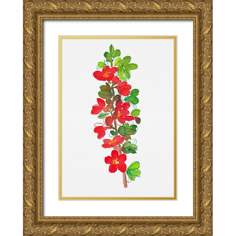 Japanese quince or Chaenomeles japonica botanical painting Gold Ornate Wood Framed Art Print with Double Matting by Kata Botanical