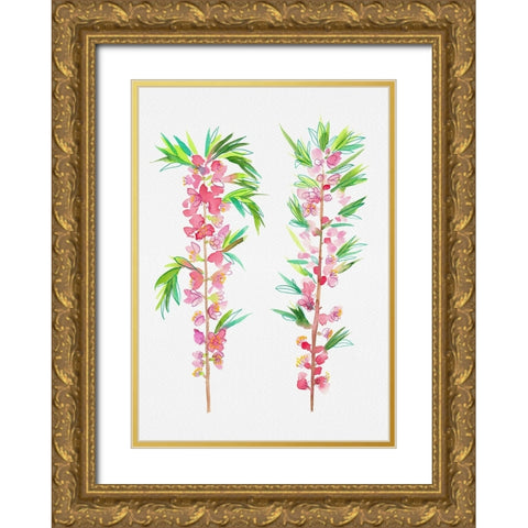 Dwarf Russian almond or Prunus tenella botanical painting Gold Ornate Wood Framed Art Print with Double Matting by Kata Botanical