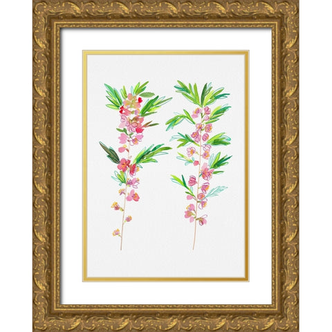 Dwarf Russian almond or Prunus tenella botanical painting Gold Ornate Wood Framed Art Print with Double Matting by Kata Botanical