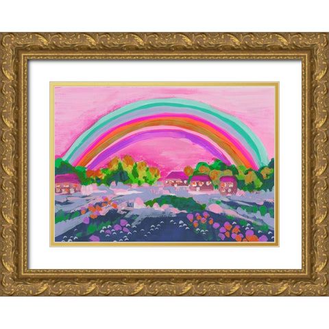 Countryside Rainbow On Pink Gold Ornate Wood Framed Art Print with Double Matting by Zwara, Ania