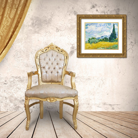 Wheat Field With Cypresses Gold Ornate Wood Framed Art Print with Double Matting by Pictufy
