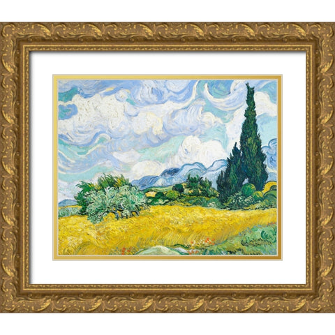 Wheat Field With Cypresses Gold Ornate Wood Framed Art Print with Double Matting by Pictufy