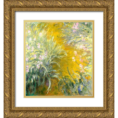 The Path through the Irises Gold Ornate Wood Framed Art Print with Double Matting by Pictufy