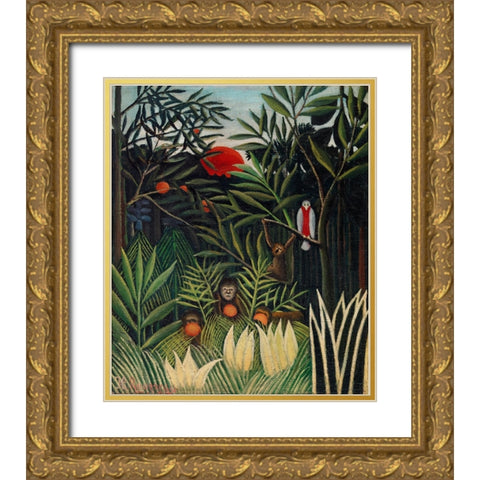 Monkeys And Parrot In The Virgin Forest Gold Ornate Wood Framed Art Print with Double Matting by Pictufy