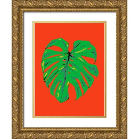Monstera Leaf Red Gold Ornate Wood Framed Art Print with Double Matting by Gulina, Francesco