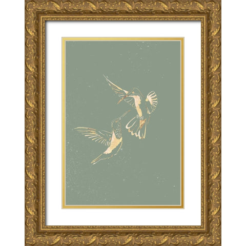 Sage Green Gold Hummingbirds Gold Ornate Wood Framed Art Print with Double Matting by Manovski, Sarah