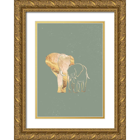 Sage Green Gold Elephants 1 Gold Ornate Wood Framed Art Print with Double Matting by Manovski, Sarah