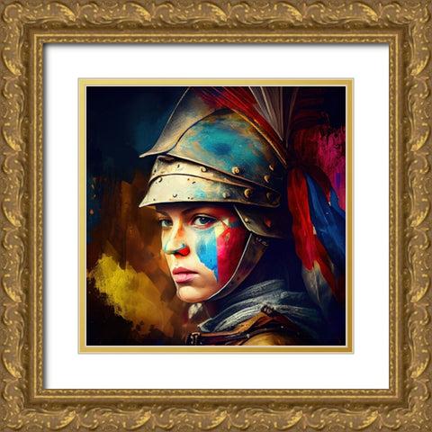 Watercolor Powerful Medieval Warrior Woman #2 Gold Ornate Wood Framed Art Print with Double Matting by Chromatic Fusion Studio
