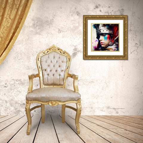 Watercolor Powerful Medieval Warrior Woman #1 Gold Ornate Wood Framed Art Print with Double Matting by Chromatic Fusion Studio