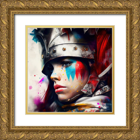 Watercolor Powerful Medieval Warrior Woman #1 Gold Ornate Wood Framed Art Print with Double Matting by Chromatic Fusion Studio