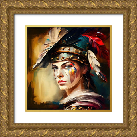 Watercolor Powerful Medieval Warrior Woman #3 Gold Ornate Wood Framed Art Print with Double Matting by Chromatic Fusion Studio