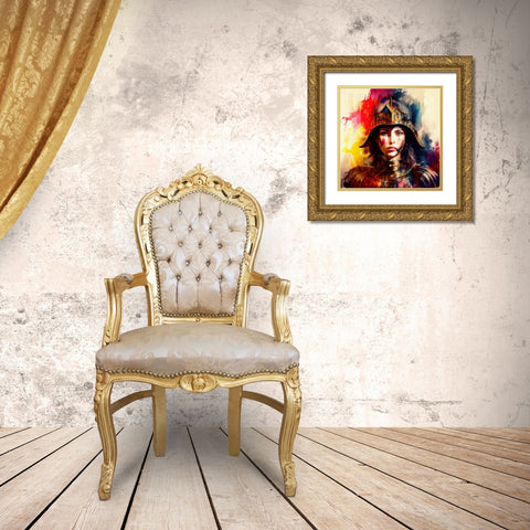 Watercolor Powerful Medieval Warrior Woman #6 Gold Ornate Wood Framed Art Print with Double Matting by Chromatic Fusion Studio