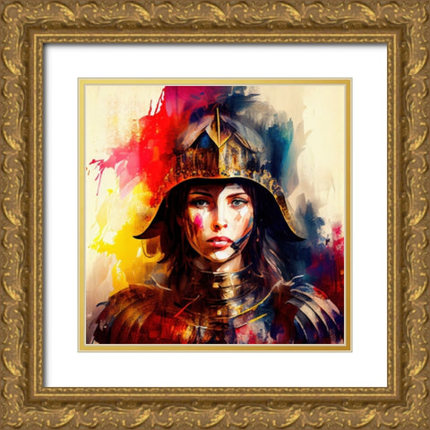 Watercolor Powerful Medieval Warrior Woman #6 Gold Ornate Wood Framed Art Print with Double Matting by Chromatic Fusion Studio