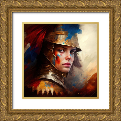 Watercolor Powerful Medieval Warrior Woman #5 Gold Ornate Wood Framed Art Print with Double Matting by Chromatic Fusion Studio