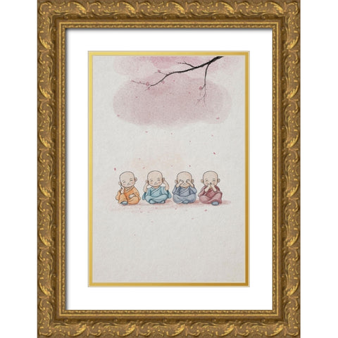 Cute Monks Gold Ornate Wood Framed Art Print with Double Matting by Thai, Xuan