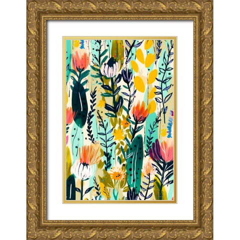 Rain Of Flowers Gold Ornate Wood Framed Art Print with Double Matting by Treechild