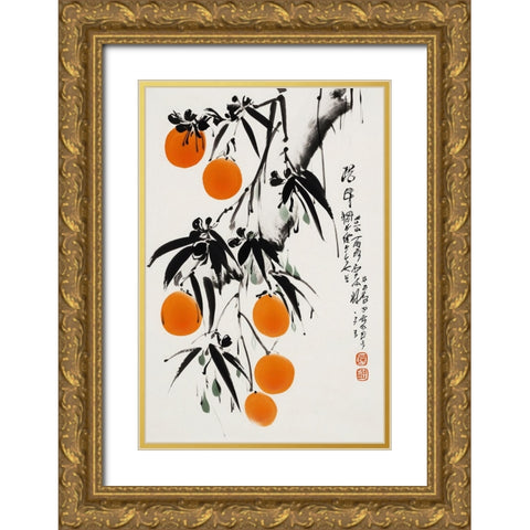 Japanese Oranges Gold Ornate Wood Framed Art Print with Double Matting by Treechild