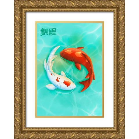 Koi Love Gold Ornate Wood Framed Art Print with Double Matting by Roze, Fadil