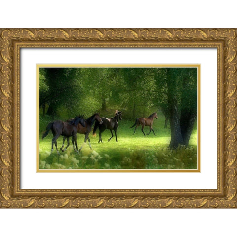 Running Horses Gold Ornate Wood Framed Art Print with Double Matting by Wallberg, Allan
