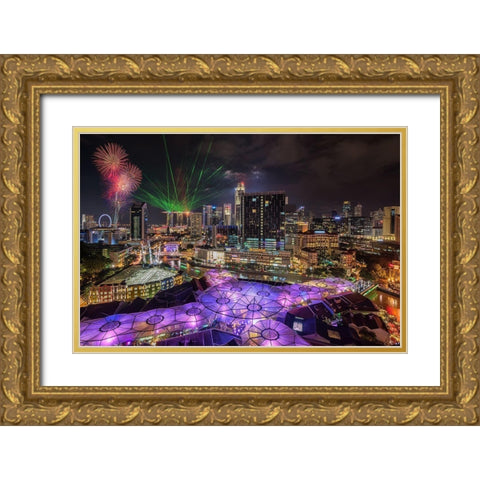 Singapore Clark Quay Night View Gold Ornate Wood Framed Art Print with Double Matting by Xie, Zexsen