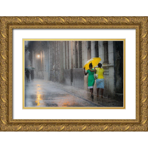 Yellow Umbrella (Rainy Day In Havana) Gold Ornate Wood Framed Art Print with Double Matting by Willyams, Paul