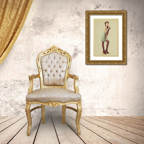 Pin Up Girl Gold Ornate Wood Framed Art Print with Double Matting by Peeters, Bart