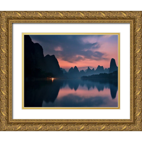 The Dawn Of Li River Gold Ornate Wood Framed Art Print with Double Matting by Zhang, Yan