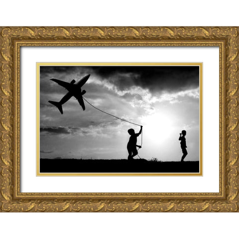 Fly My Plane Gold Ornate Wood Framed Art Print with Double Matting by Trijoko