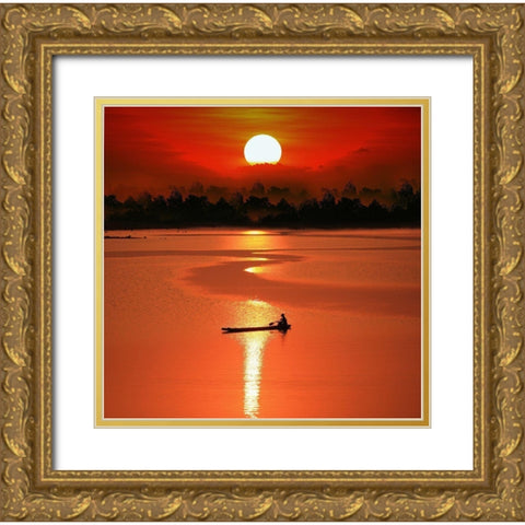 Rowling Alone Gold Ornate Wood Framed Art Print with Double Matting by Intarob, Sarawut