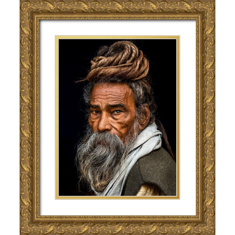 Portrait Of A Sadhu... Gold Ornate Wood Framed Art Print with Double Matting by J.V, Rakesh