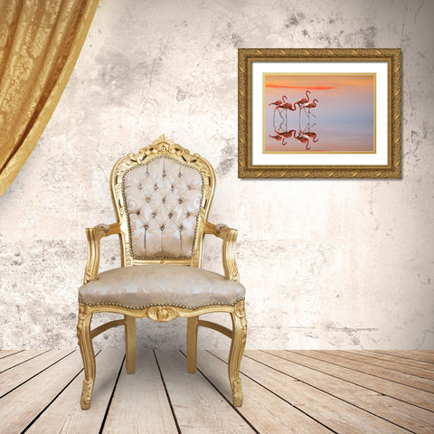 Flamingos Family Gold Ornate Wood Framed Art Print with Double Matting by Cseresnjes, Anna