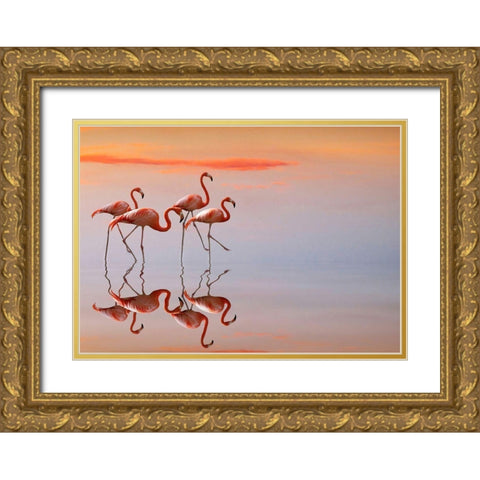 Flamingos Family Gold Ornate Wood Framed Art Print with Double Matting by Cseresnjes, Anna