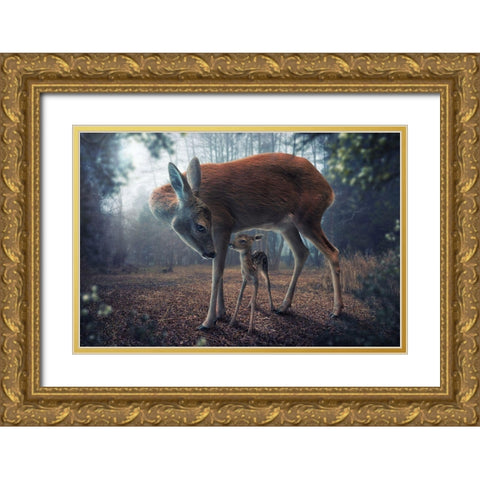 Mother And Fawn Gold Ornate Wood Framed Art Print with Double Matting by Wilhelm, John