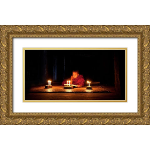 Night Reading Gold Ornate Wood Framed Art Print with Double Matting by Lee, Marcus