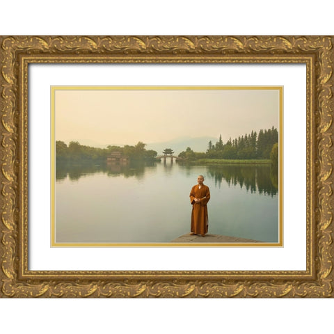 West Lake Sunrise Gold Ornate Wood Framed Art Print with Double Matting by and Teodora, Ivaylo