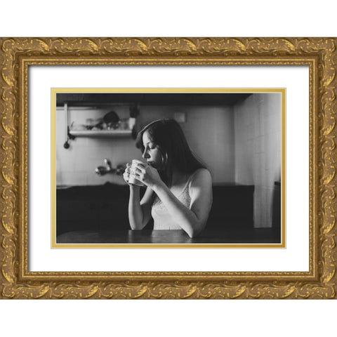 Morning Coffee Gold Ornate Wood Framed Art Print with Double Matting by Aharon, Rubi