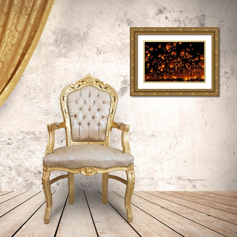 Floating Lanterns Gold Ornate Wood Framed Art Print with Double Matting by Vichaya