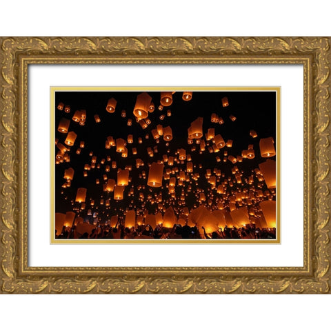 Floating Lanterns Gold Ornate Wood Framed Art Print with Double Matting by Vichaya
