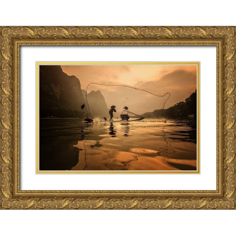 Spread The Fish Nets Gold Ornate Wood Framed Art Print with Double Matting by Song, Gunarto
