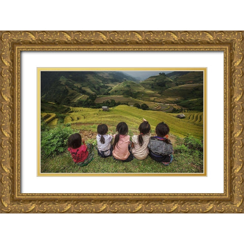 Children Of Vietnam Sitting In The Backyard The Mountain In Mu Cang Chai,Yenbai,Vietnam. Gold Ornate Wood Framed Art Print with Double Matting by Thampitakkull, Jakkree
