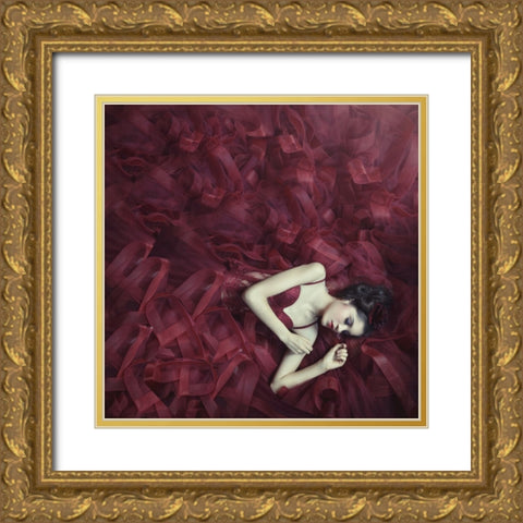 Red Blossom Gold Ornate Wood Framed Art Print with Double Matting by Hardibudi