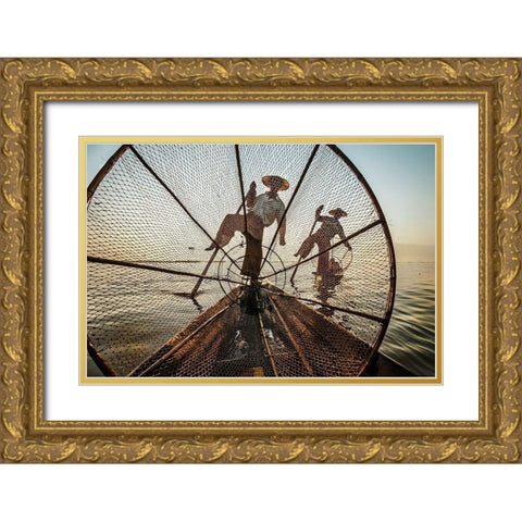 Intha Fishermen Gold Ornate Wood Framed Art Print with Double Matting by Martinelli, Michele