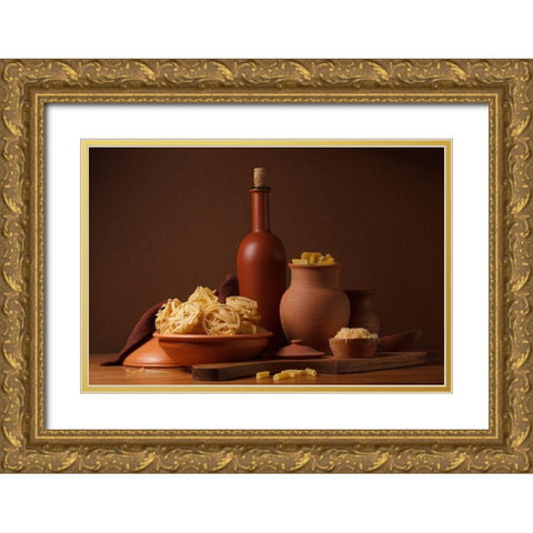 Still Life With Pasta And Ceramic Ware Gold Ornate Wood Framed Art Print with Double Matting by Magnola