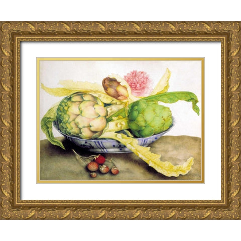 Artichoke, Rose andStrawberries Gold Ornate Wood Framed Art Print with Double Matting by Garzoni, Giovanna