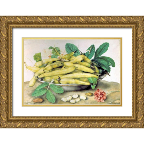 Dish of Broad Beans Gold Ornate Wood Framed Art Print with Double Matting by Garzoni, Giovanna
